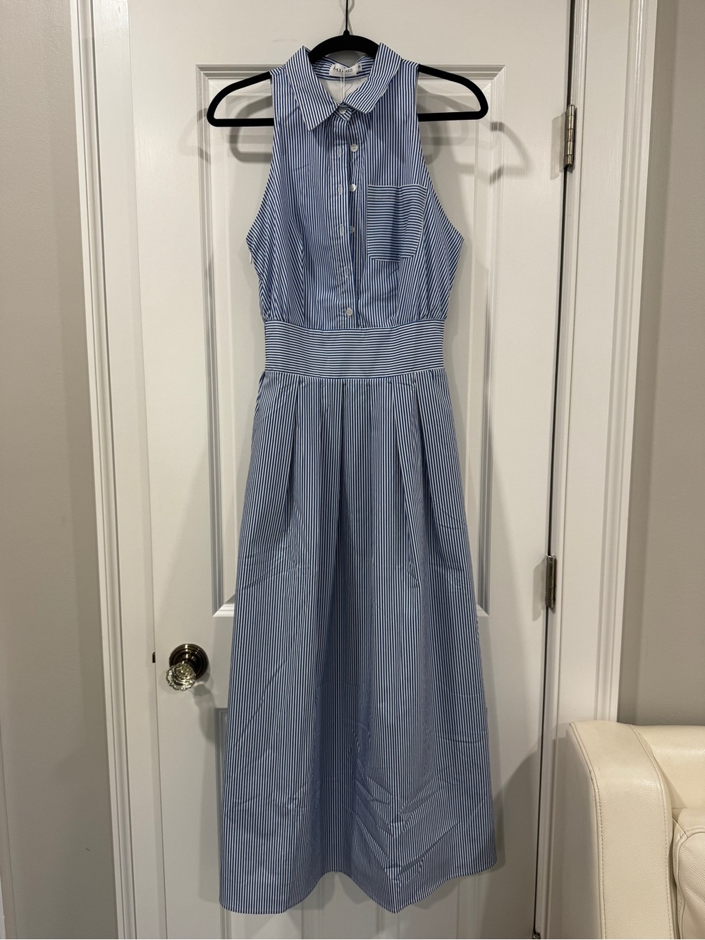 Sleeveless Blue Pinstripe Midi Shirt Dress